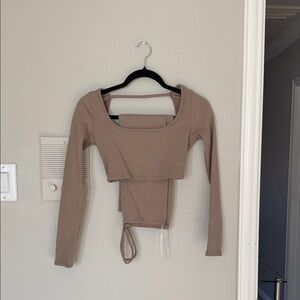 Elegant Tan Long Sleeve Crop Top set with maxi skirt